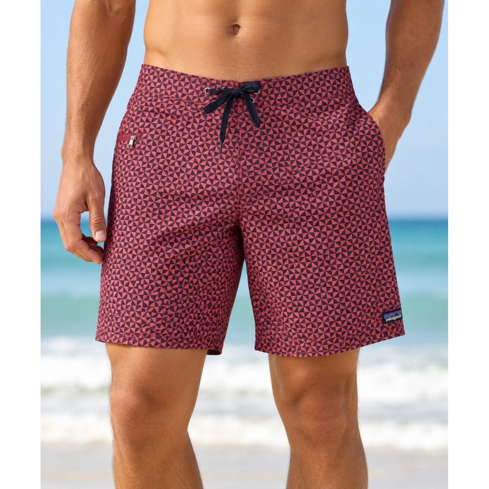 Patagonia Men's Wavefarer Board Shorts Size 34 Red Black Geometric Swim Trunks